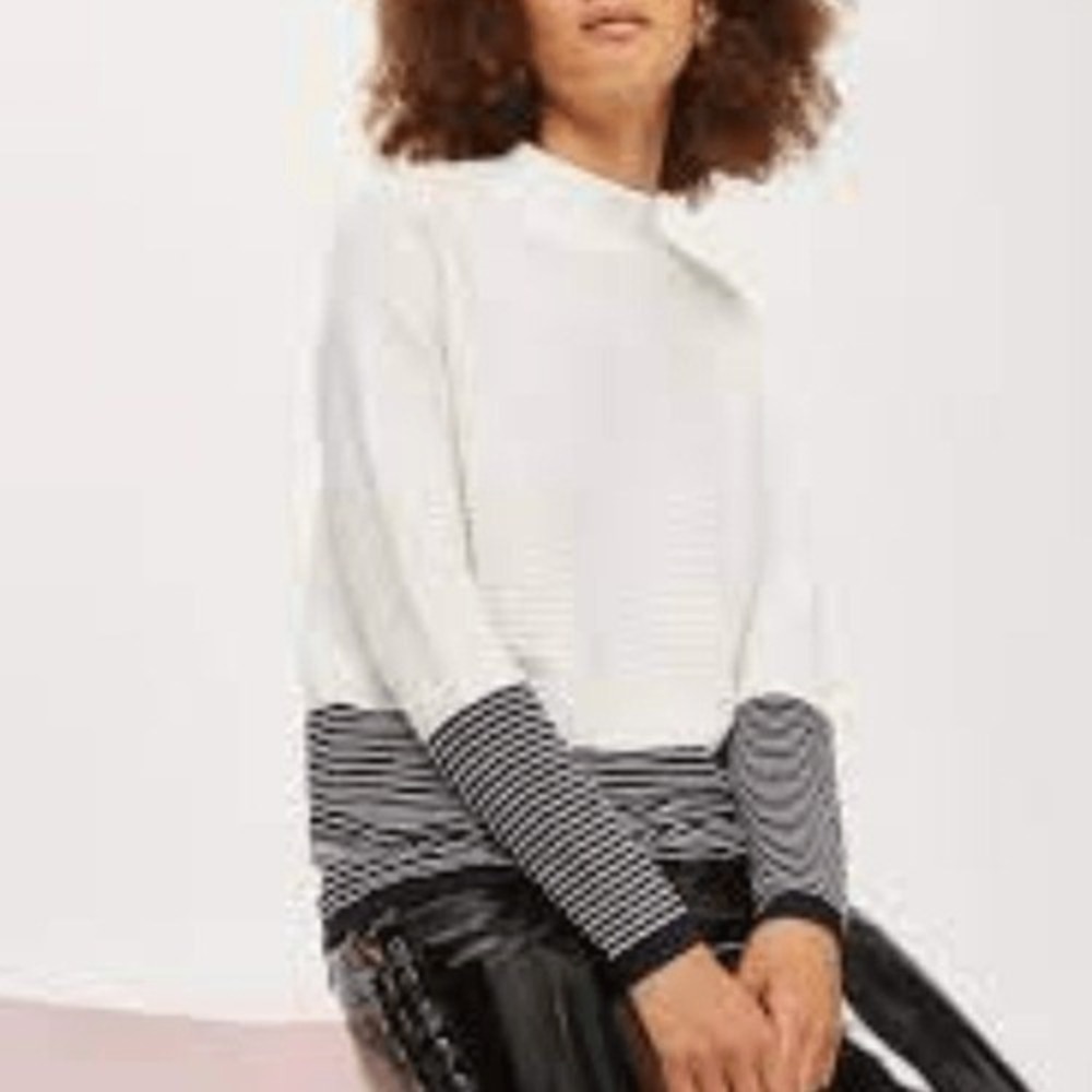 Topshop Womens Ribbed Mock Neck Striped Colorblock Sweater Cream Black US 4